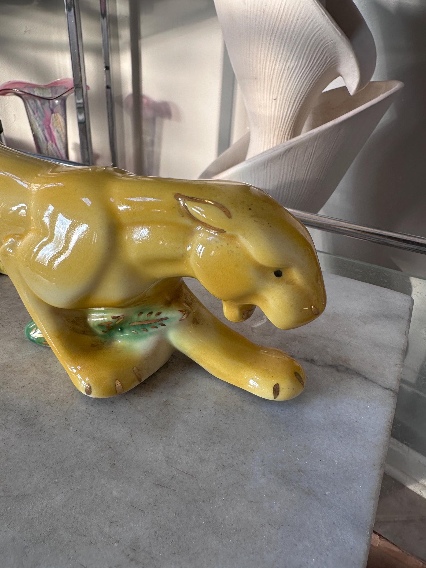 Rare MCM Yellow Crouching Panther Figurine | Mid Century Modern Ceramic Leopard Statue | Green Grass & Gold Gilt Accents | MCM Decor