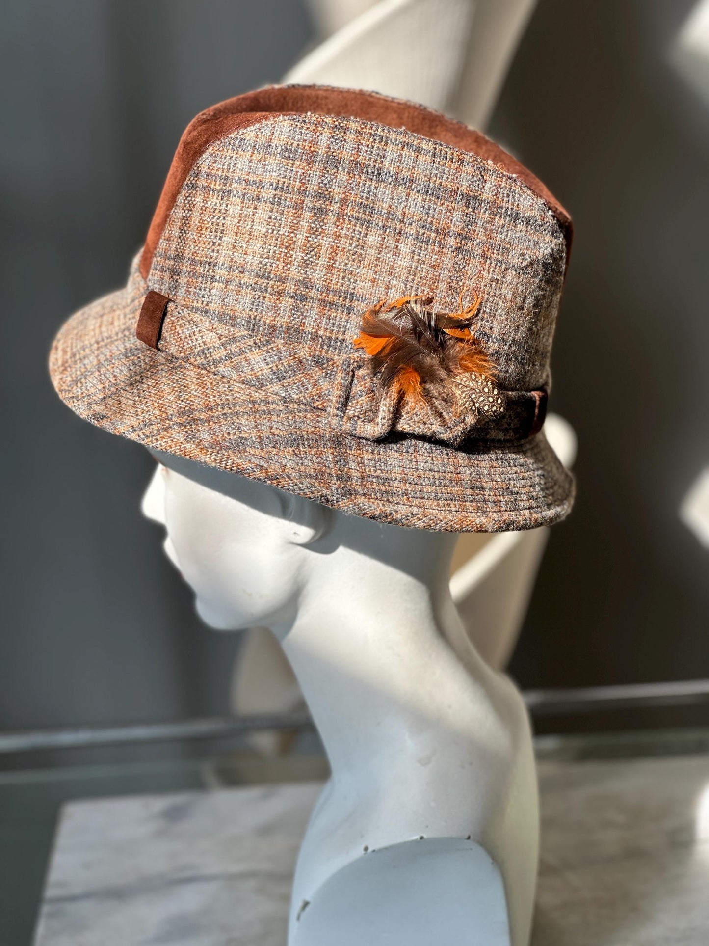 Vintage Dobbs Cambridge Wool Plaid & Brown Suede Hat Size 6 7/8 | 1960s Fall Fashion Hat | Retro Country Chic Millinery