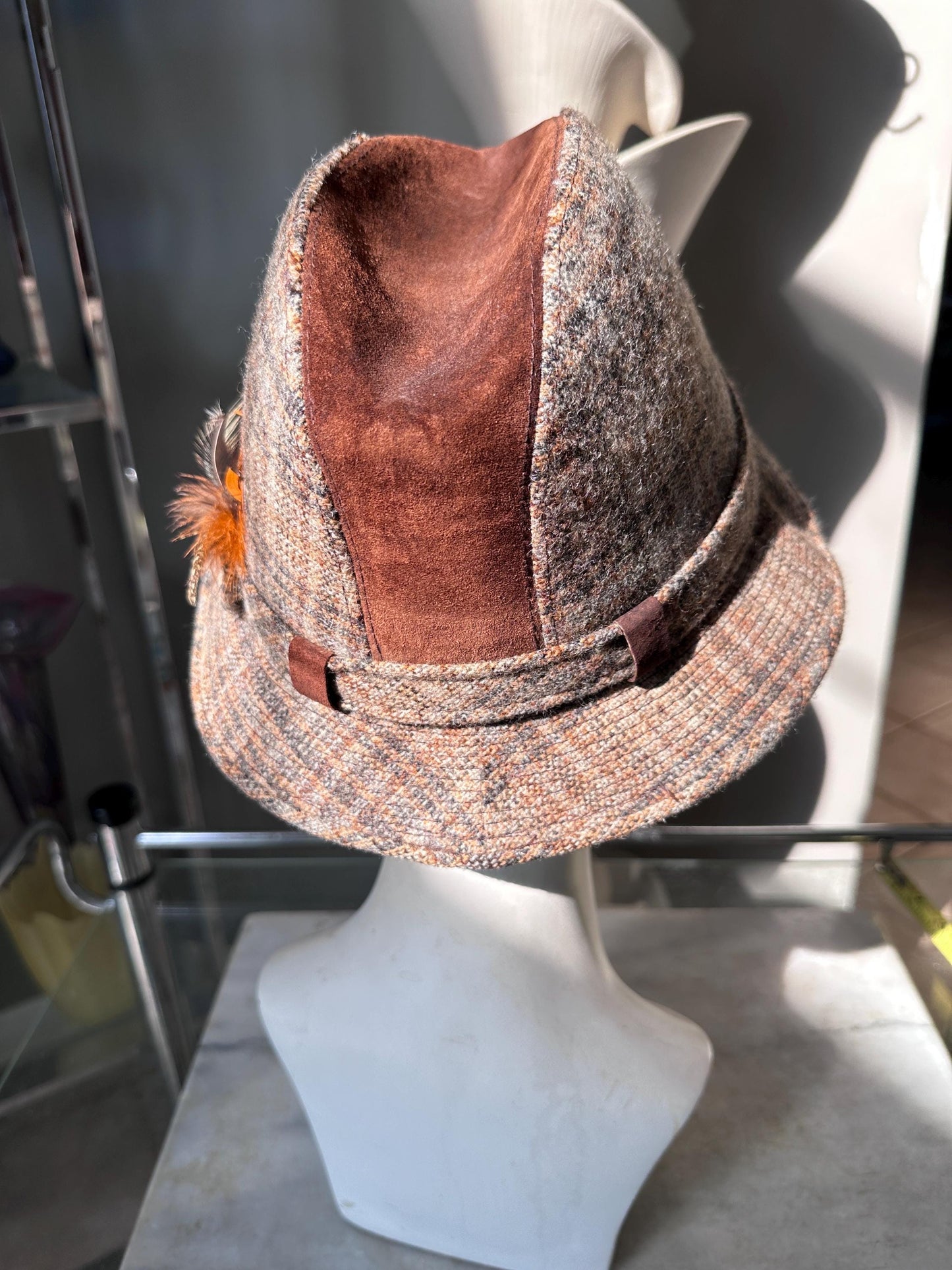Vintage Dobbs Cambridge Wool Plaid & Brown Suede Hat Size 6 7/8 | 1960s Fall Fashion Hat | Retro Country Chic Millinery