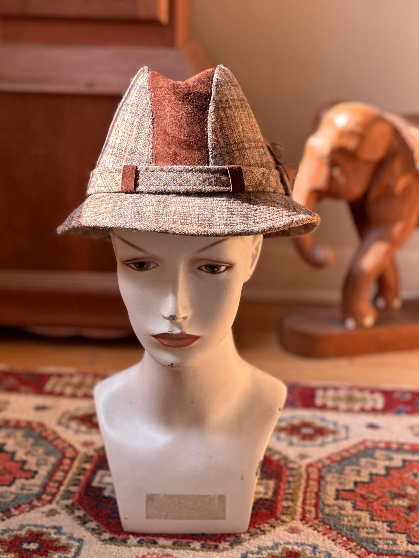 Vintage Dobbs Cambridge Wool Plaid & Brown Suede Hat Size 6 7/8 | 1960s Fall Fashion Hat | Retro Country Chic Millinery