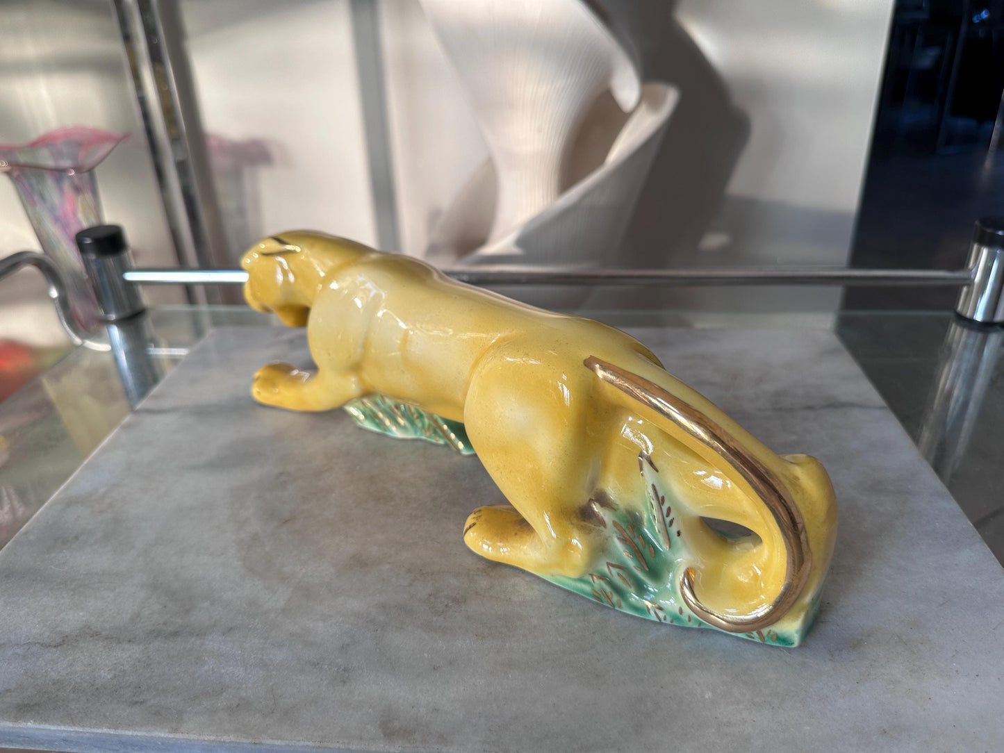 Rare MCM Yellow Crouching Panther Figurine | Mid Century Modern Ceramic Leopard Statue | Green Grass & Gold Gilt Accents | MCM Decor