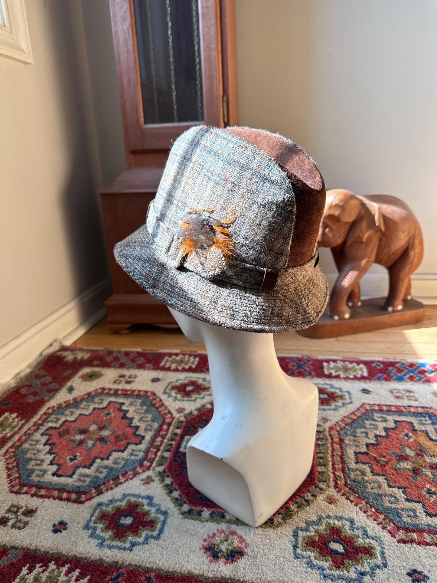 Vintage Dobbs Cambridge Wool Plaid & Brown Suede Hat Size 6 7/8 | 1960s Fall Fashion Hat | Retro Country Chic Millinery