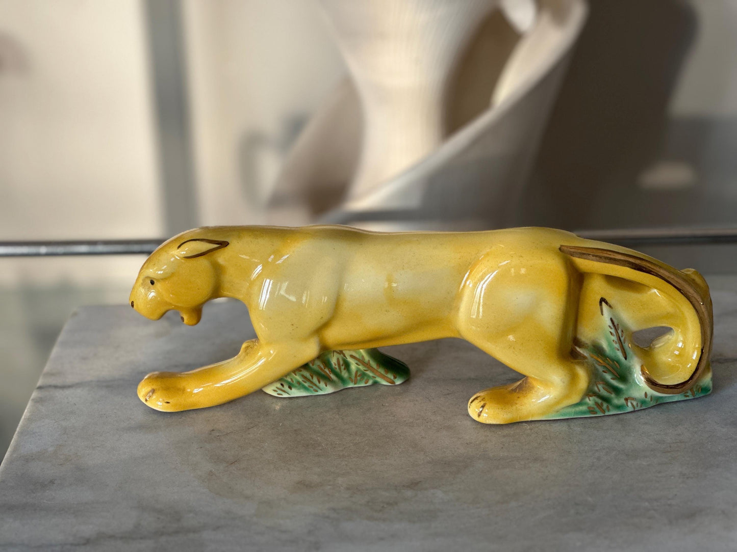 Rare MCM Yellow Crouching Panther Figurine | Mid Century Modern Ceramic Leopard Statue | Green Grass & Gold Gilt Accents | MCM Decor