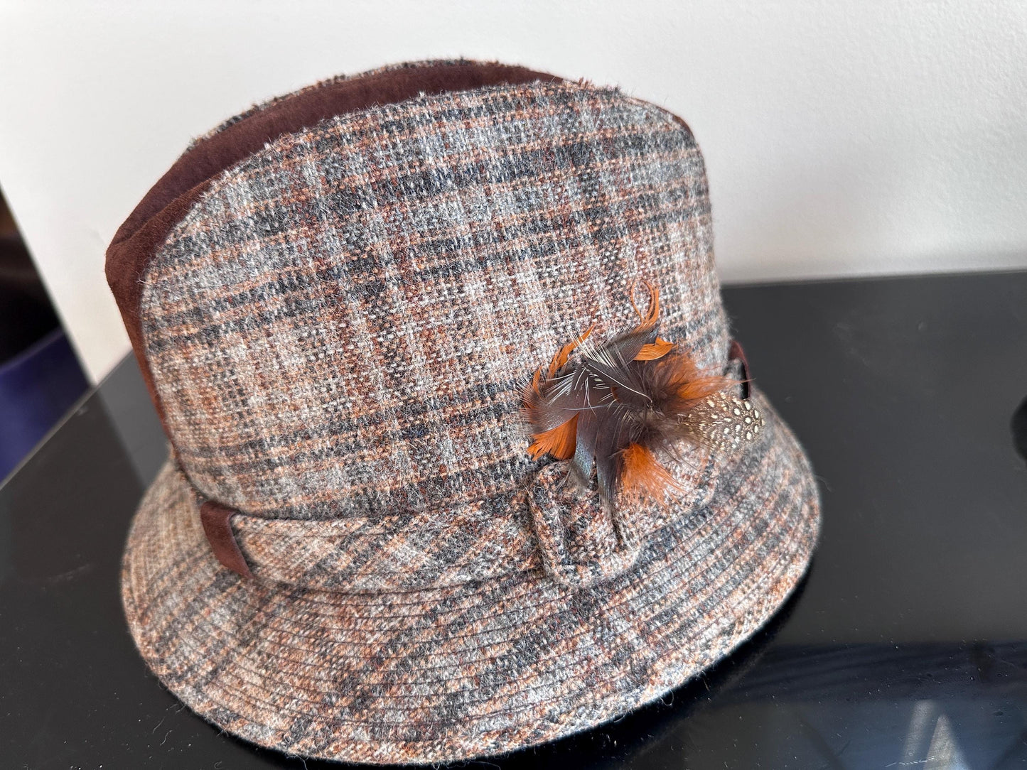 Vintage Dobbs Cambridge Wool Plaid & Brown Suede Hat Size 6 7/8 | 1960s Fall Fashion Hat | Retro Country Chic Millinery
