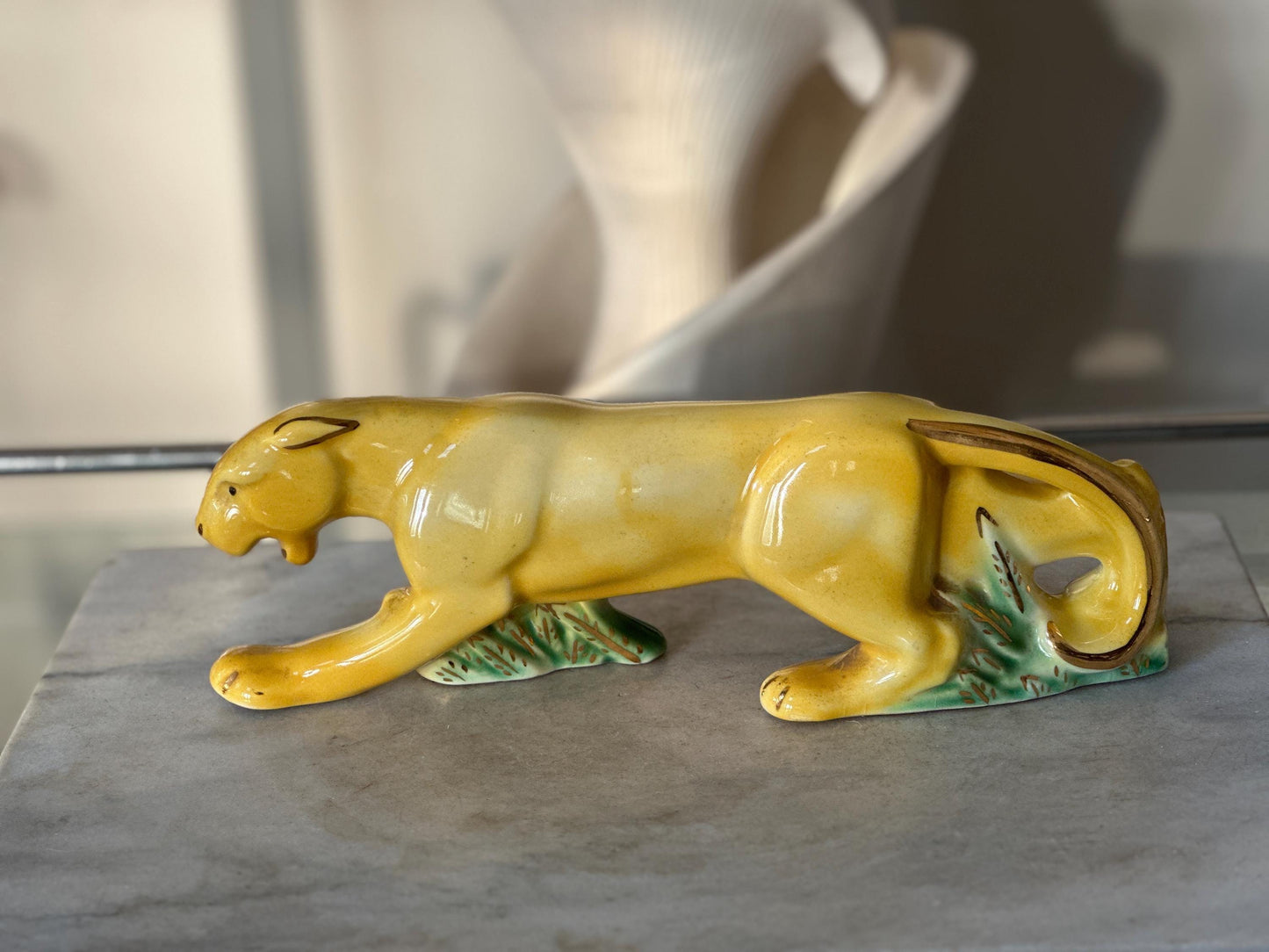 Rare MCM Yellow Crouching Panther Figurine | Mid Century Modern Ceramic Leopard Statue | Green Grass & Gold Gilt Accents | MCM Decor