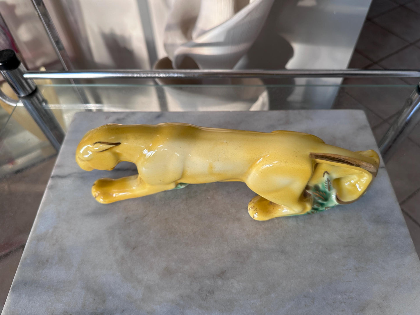 Rare MCM Yellow Crouching Panther Figurine | Mid Century Modern Ceramic Leopard Statue | Green Grass & Gold Gilt Accents | MCM Decor