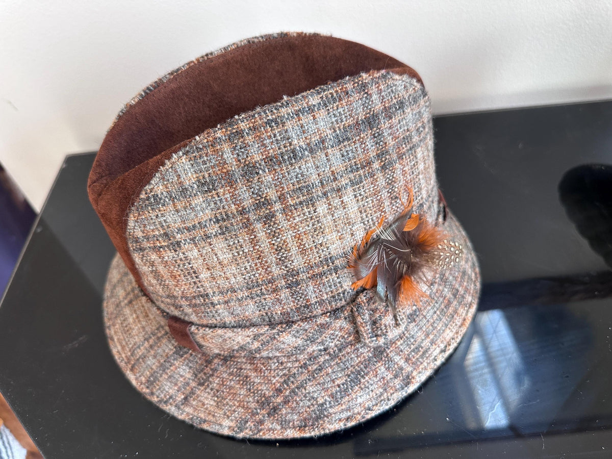Vintage Dobbs Cambridge Wool Plaid & Brown Suede Hat Size 6 7/8 | 1960s Fall Fashion Hat | Retro Country Chic Millinery