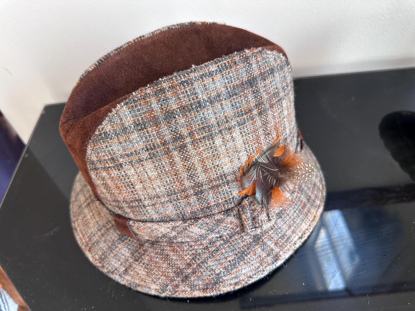 Vintage Dobbs Cambridge Wool Plaid & Brown Suede Hat Size 6 7/8 | 1960s Fall Fashion Hat | Retro Country Chic Millinery