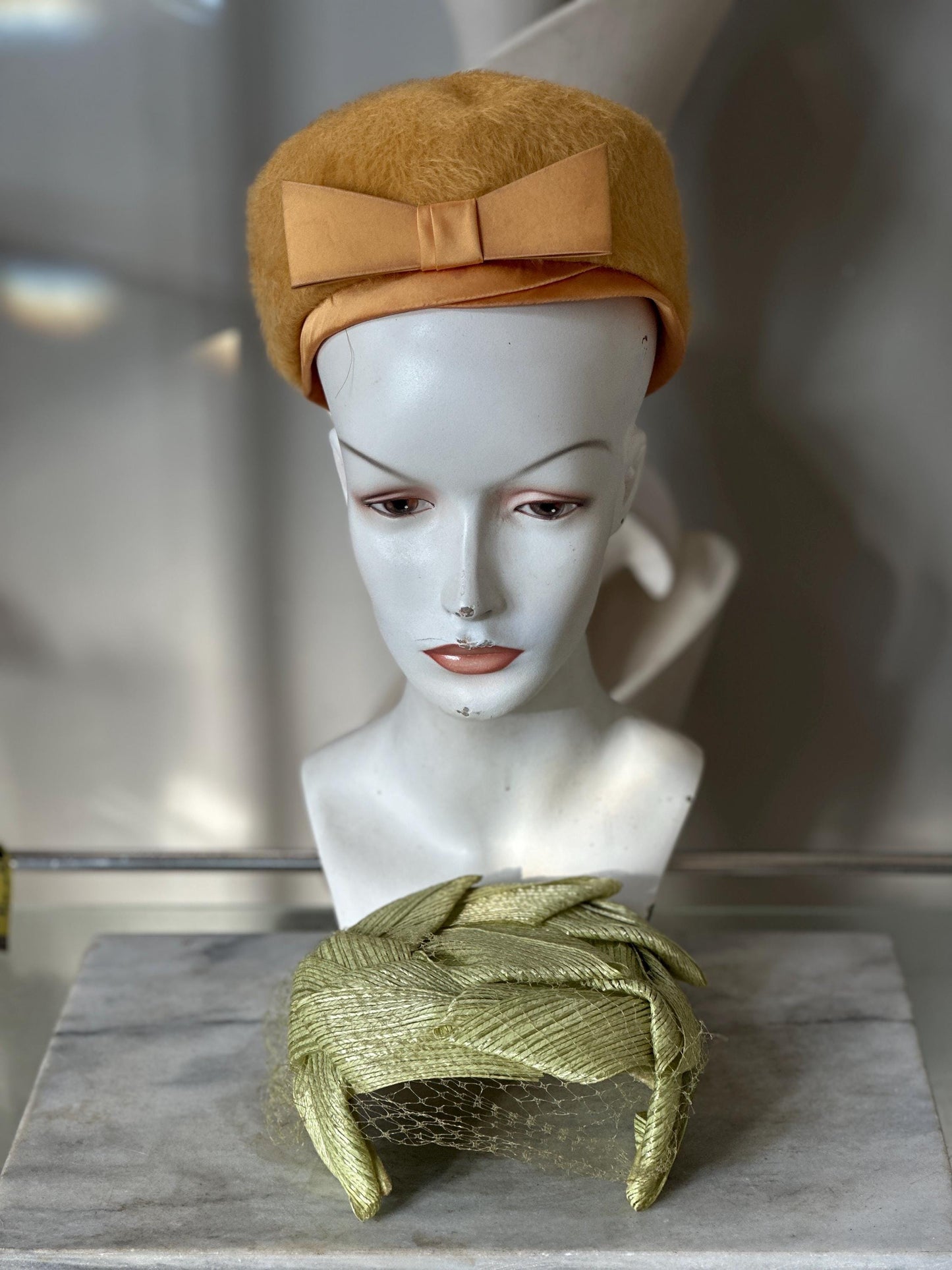 Vintage 1950s Ladies Hat Set | Mustard Yellow Fuzzy Bow Hat & Lime Green Fascinator with Netting | Mid-Century Fashion | Retro Millinery