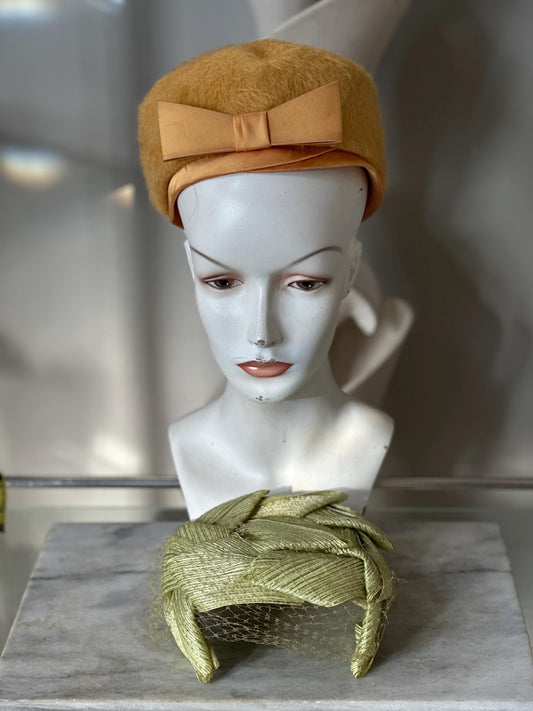 Vintage 1950s Ladies Hat Set | Mustard Yellow Fuzzy Bow Hat & Lime Green Fascinator with Netting | Mid-Century Fashion | Retro Millinery