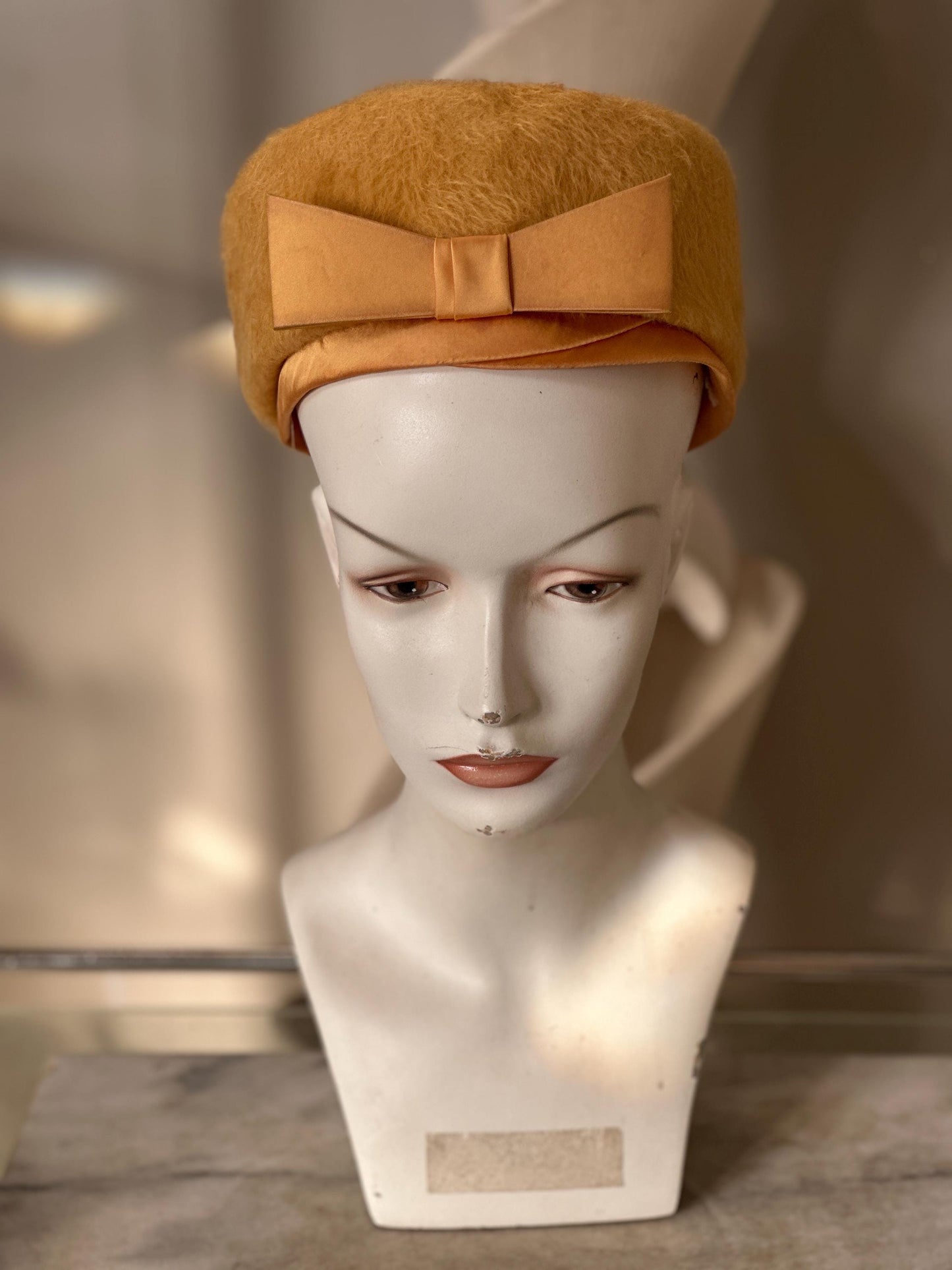 Vintage 1950s Ladies Hat Set | Mustard Yellow Fuzzy Bow Hat & Lime Green Fascinator with Netting | Mid-Century Fashion | Retro Millinery