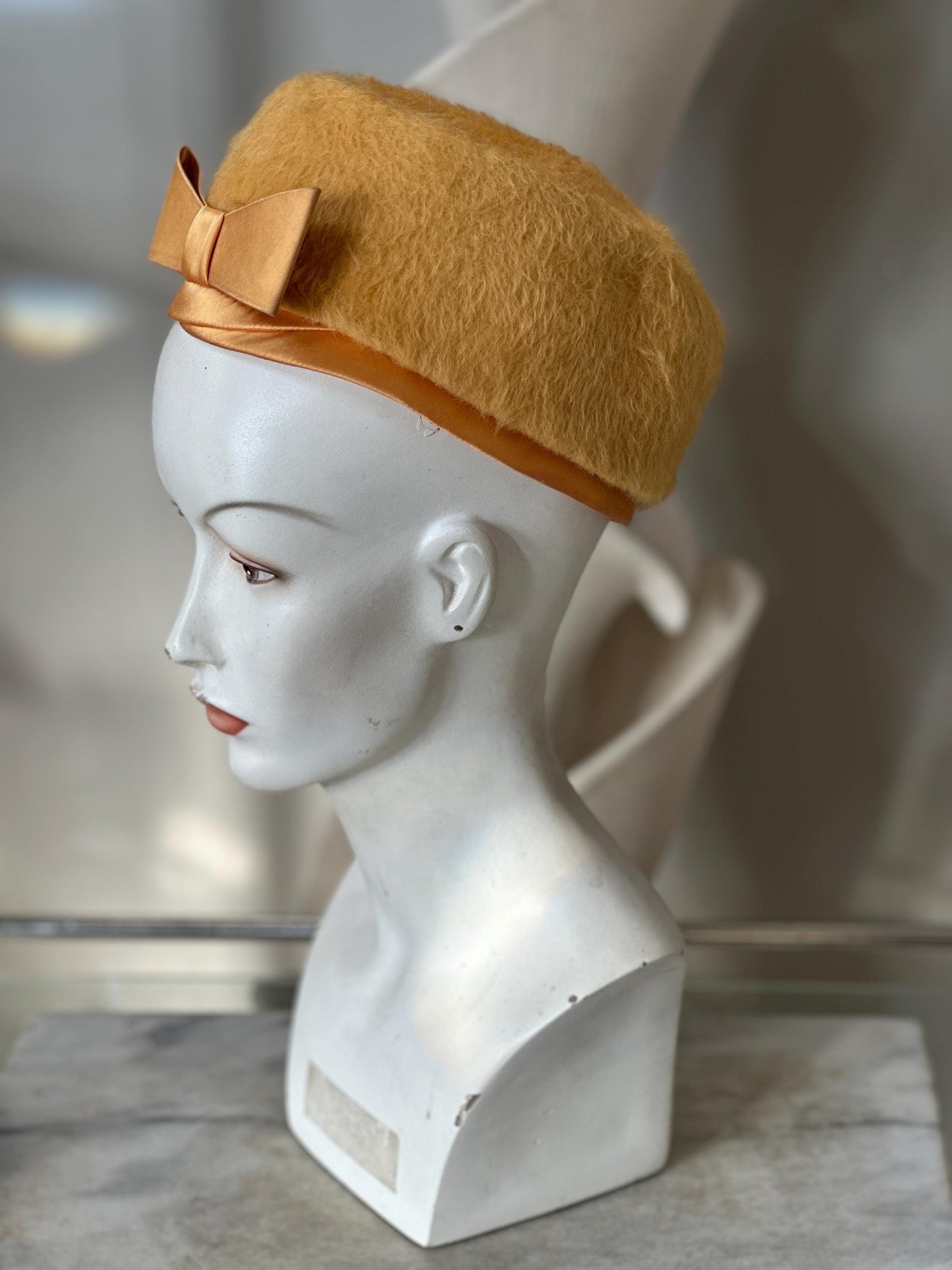 Vintage 1950s Ladies Hat Set | Mustard Yellow Fuzzy Bow Hat & Lime Green Fascinator with Netting | Mid-Century Fashion | Retro Millinery
