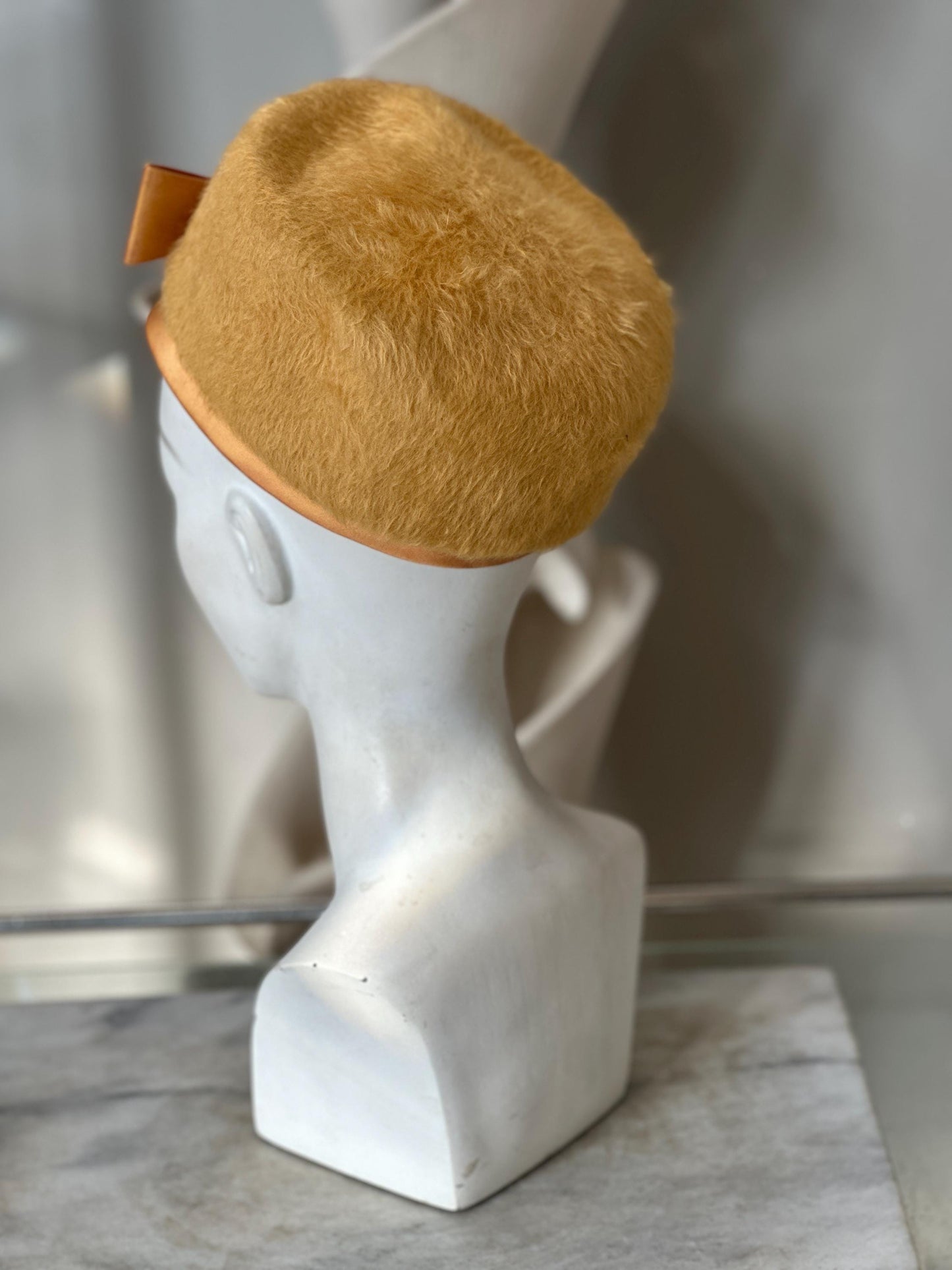 Vintage 1950s Ladies Hat Set | Mustard Yellow Fuzzy Bow Hat & Lime Green Fascinator with Netting | Mid-Century Fashion | Retro Millinery
