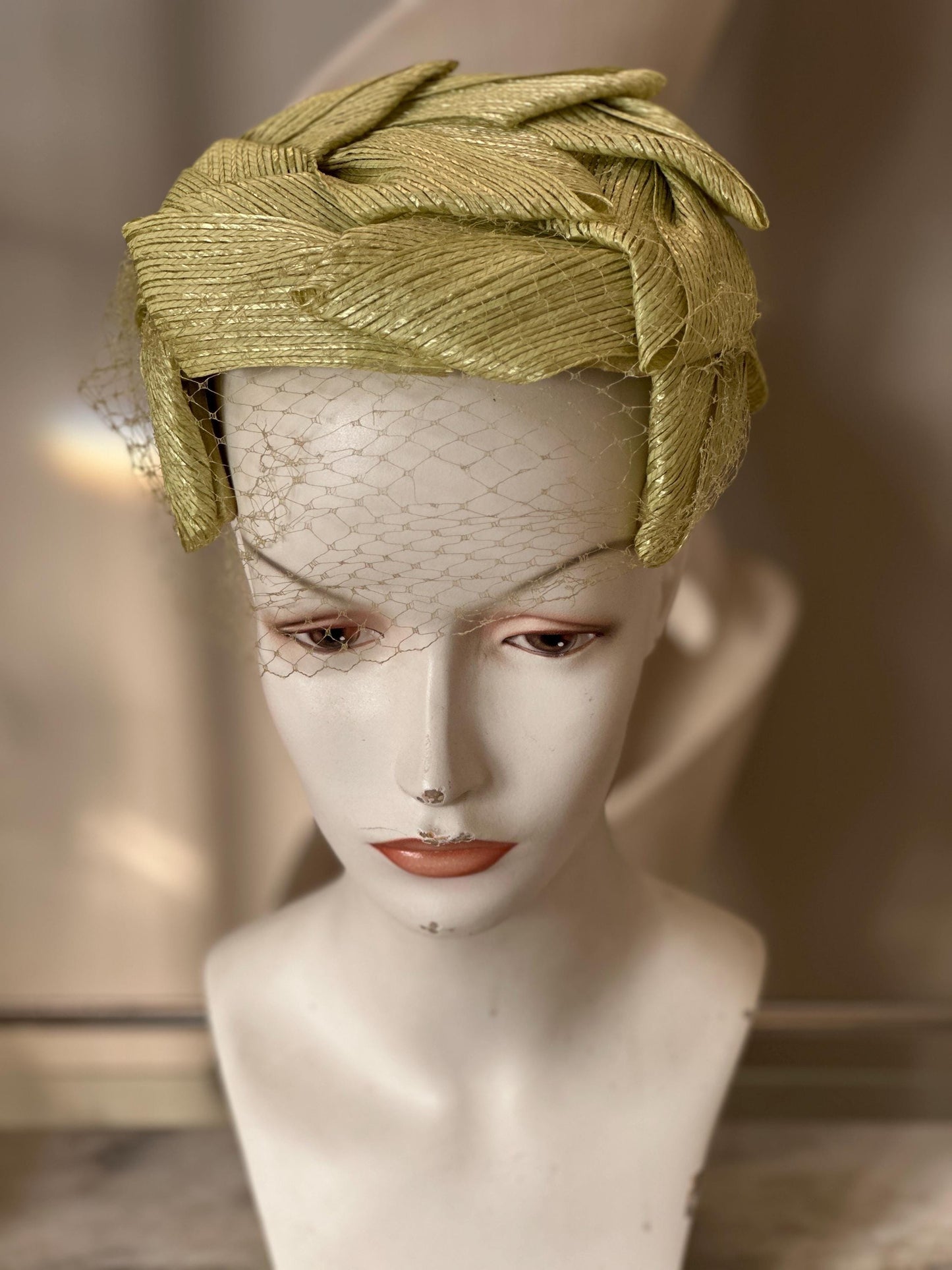 Vintage 1950s Ladies Hat Set | Mustard Yellow Fuzzy Bow Hat & Lime Green Fascinator with Netting | Mid-Century Fashion | Retro Millinery