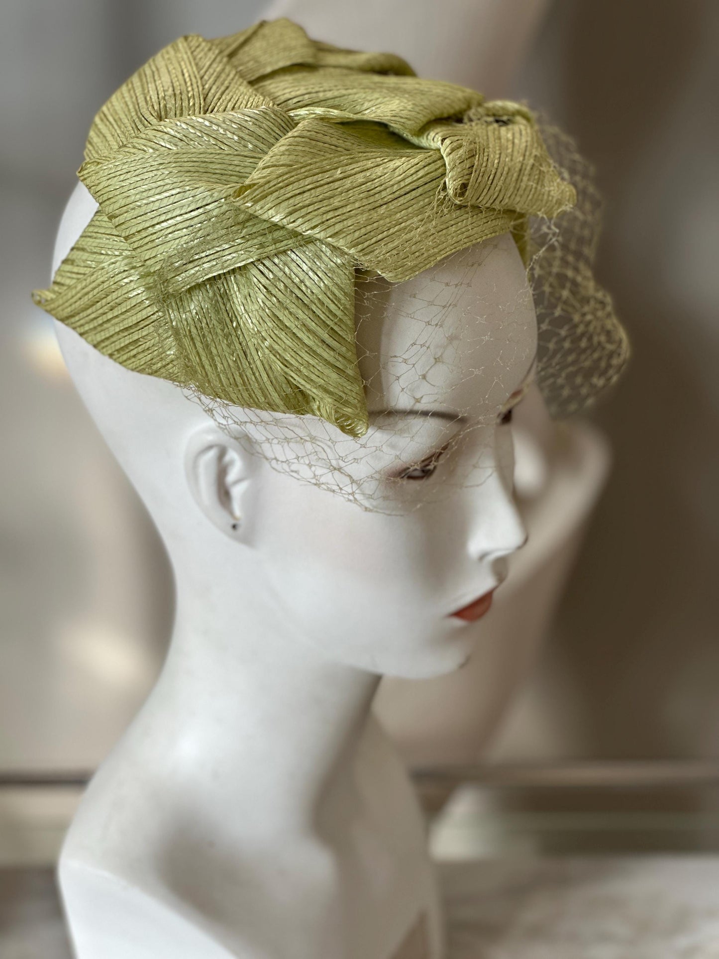 Vintage 1950s Ladies Hat Set | Mustard Yellow Fuzzy Bow Hat & Lime Green Fascinator with Netting | Mid-Century Fashion | Retro Millinery