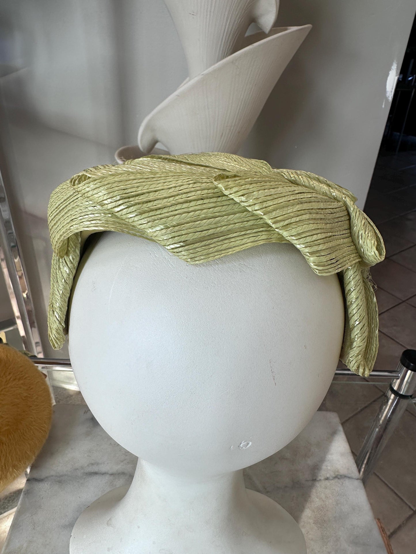 Vintage 1950s Ladies Hat Set | Mustard Yellow Fuzzy Bow Hat & Lime Green Fascinator with Netting | Mid-Century Fashion | Retro Millinery