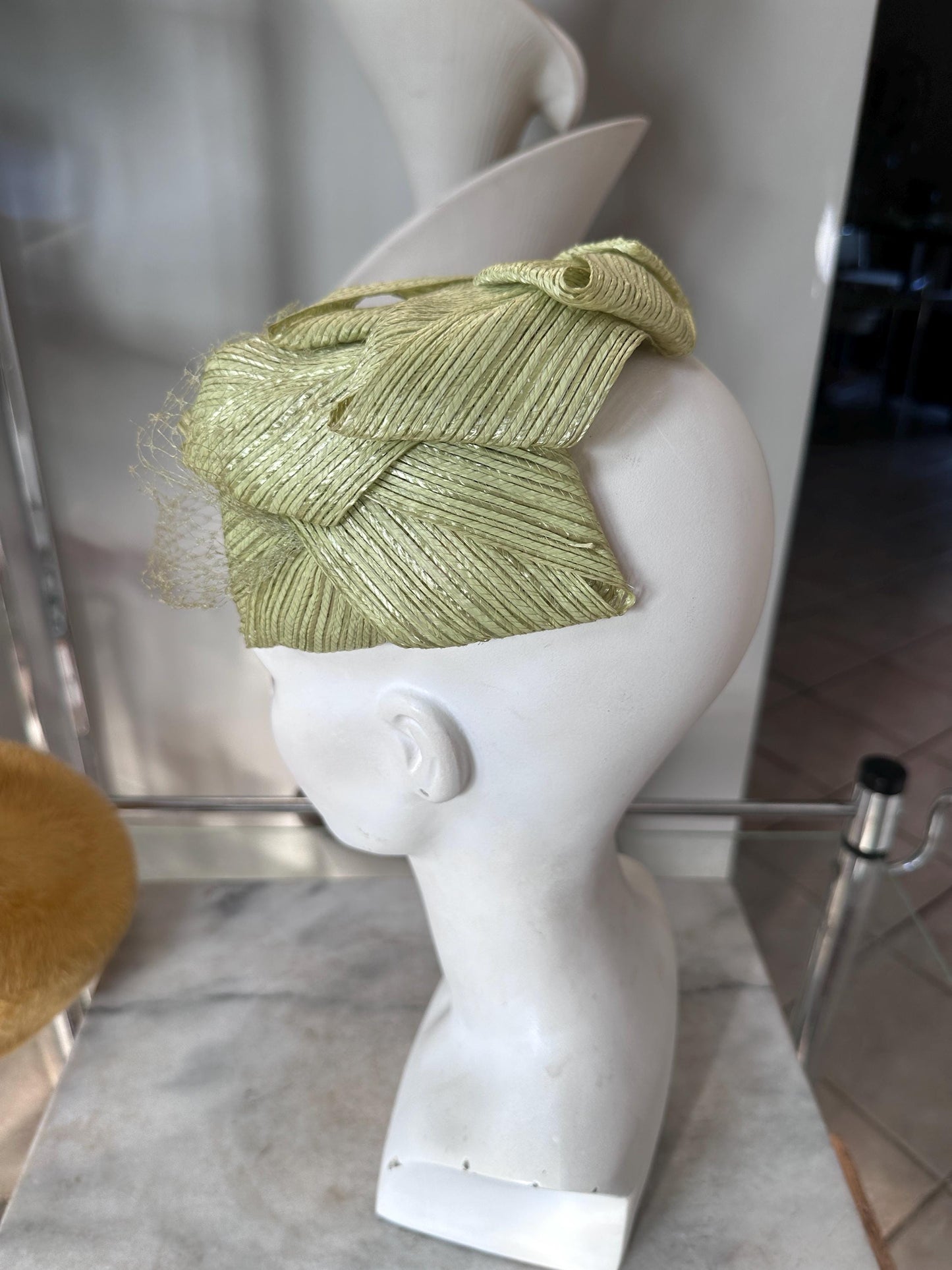 Vintage 1950s Ladies Hat Set | Mustard Yellow Fuzzy Bow Hat & Lime Green Fascinator with Netting | Mid-Century Fashion | Retro Millinery