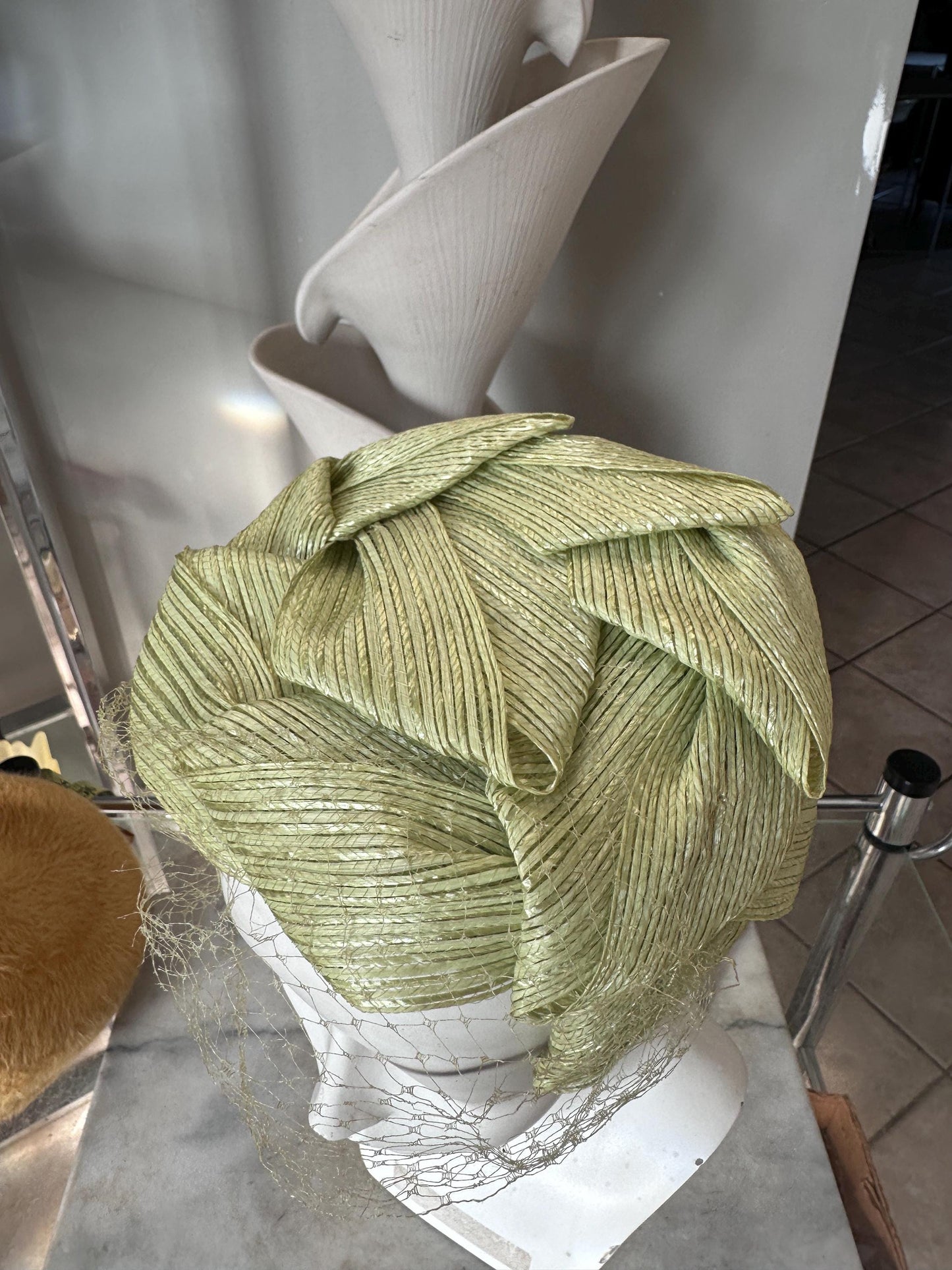 Vintage 1950s Ladies Hat Set | Mustard Yellow Fuzzy Bow Hat & Lime Green Fascinator with Netting | Mid-Century Fashion | Retro Millinery