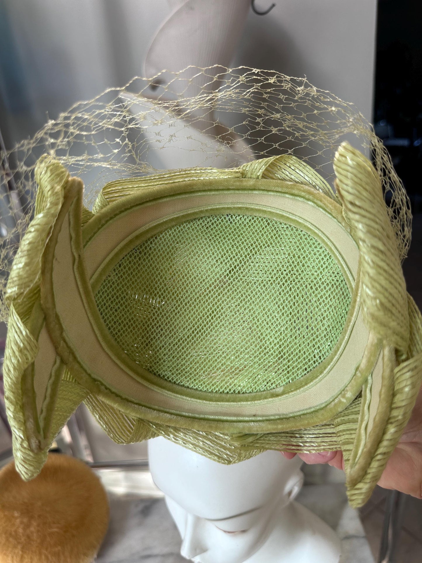 Vintage 1950s Ladies Hat Set | Mustard Yellow Fuzzy Bow Hat & Lime Green Fascinator with Netting | Mid-Century Fashion | Retro Millinery