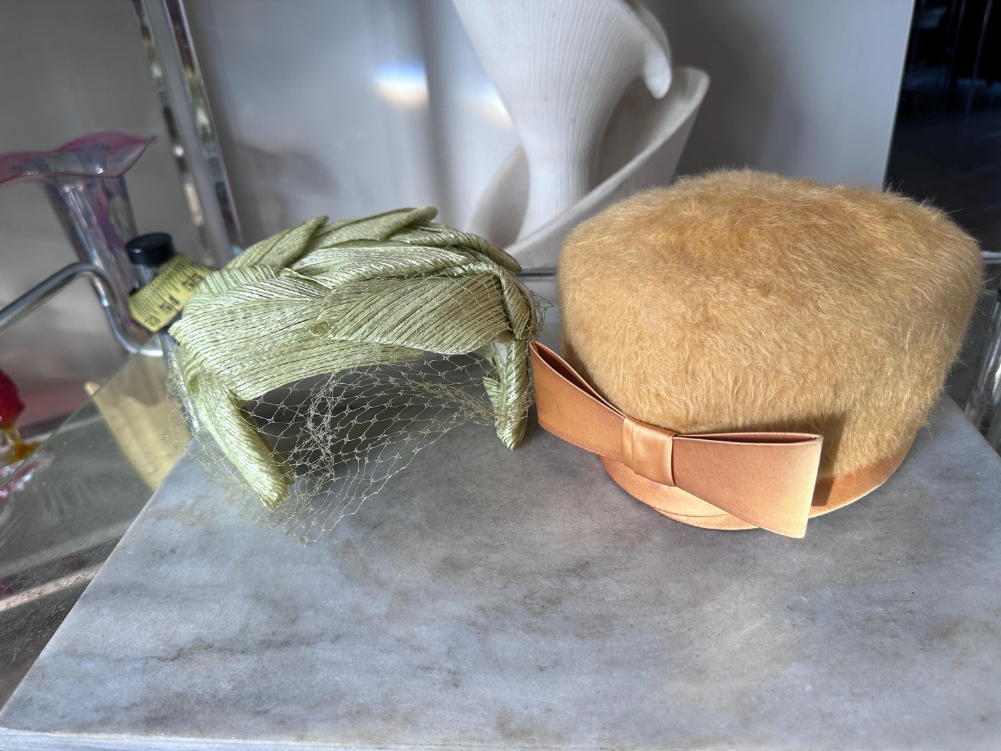 Vintage 1950s Ladies Hat Set | Mustard Yellow Fuzzy Bow Hat & Lime Green Fascinator with Netting | Mid-Century Fashion | Retro Millinery