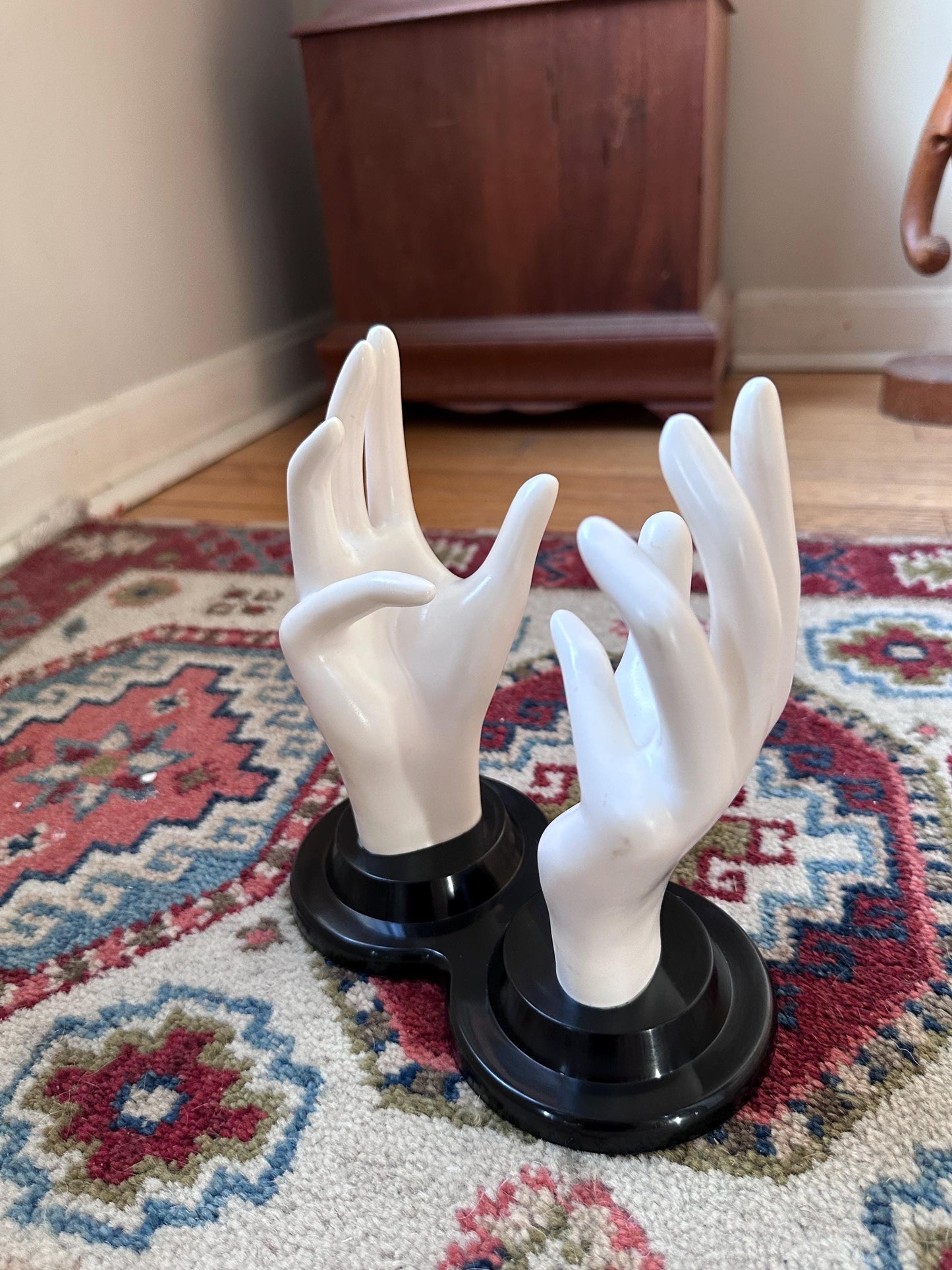 Vintage E.B. Giftware Female Mannequin Hand Jewelry Display | Black & White Plastic Glove Form | Ring + Bracelet Holder | Circa 1990s