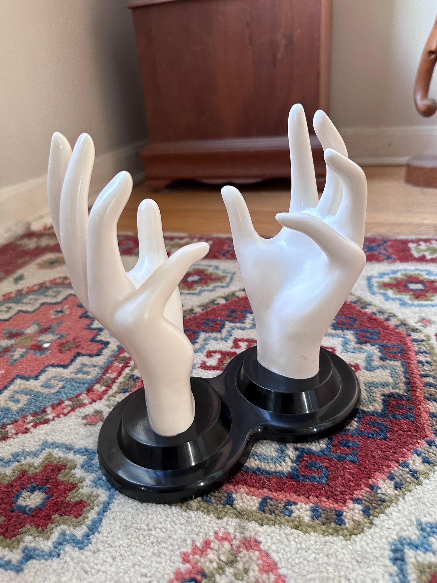 Vintage E.B. Giftware Female Mannequin Hand Jewelry Display | Black & White Plastic Glove Form | Ring + Bracelet Holder | Circa 1990s