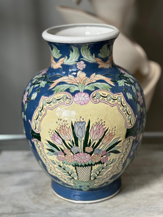 Vintage WBI Signed Chinese Porcelain Vase | Ivory & Blue Floral Tulip Design | Pastel Flower Accent Vase | Chinoiserie Home Decor