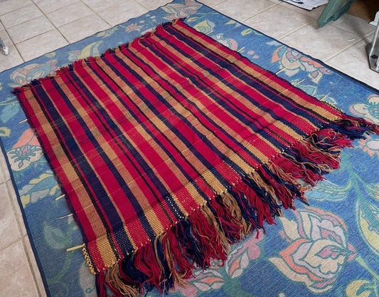 Vintage Handwoven Jajim Style  Rug / Runner / Blanket | Striped Wool Textile | Folk Art Flat Weave | Red, Blue & Gold | 56” x 43”