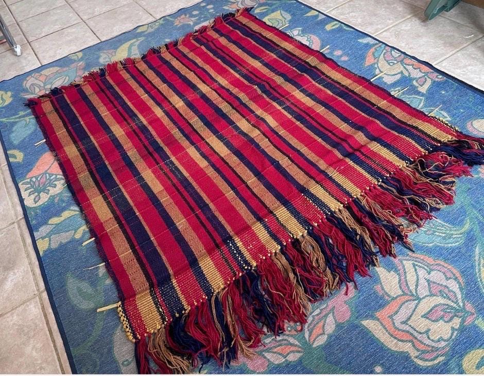 Vintage Handwoven Jajim Style  Rug / Runner / Blanket | Striped Wool Textile | Folk Art Flat Weave | Red, Blue & Gold | 56” x 43”