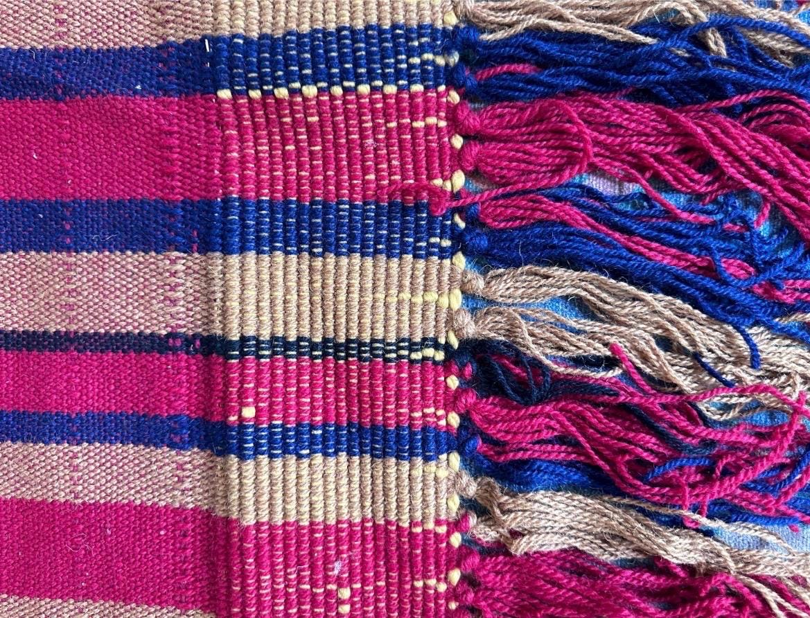 Vintage Handwoven Jajim Style  Rug / Runner / Blanket | Striped Wool Textile | Folk Art Flat Weave | Red, Blue & Gold | 56” x 43”