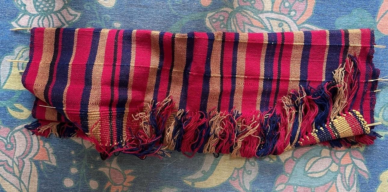 Vintage Handwoven Jajim Style  Rug / Runner / Blanket | Striped Wool Textile | Folk Art Flat Weave | Red, Blue & Gold | 56” x 43”
