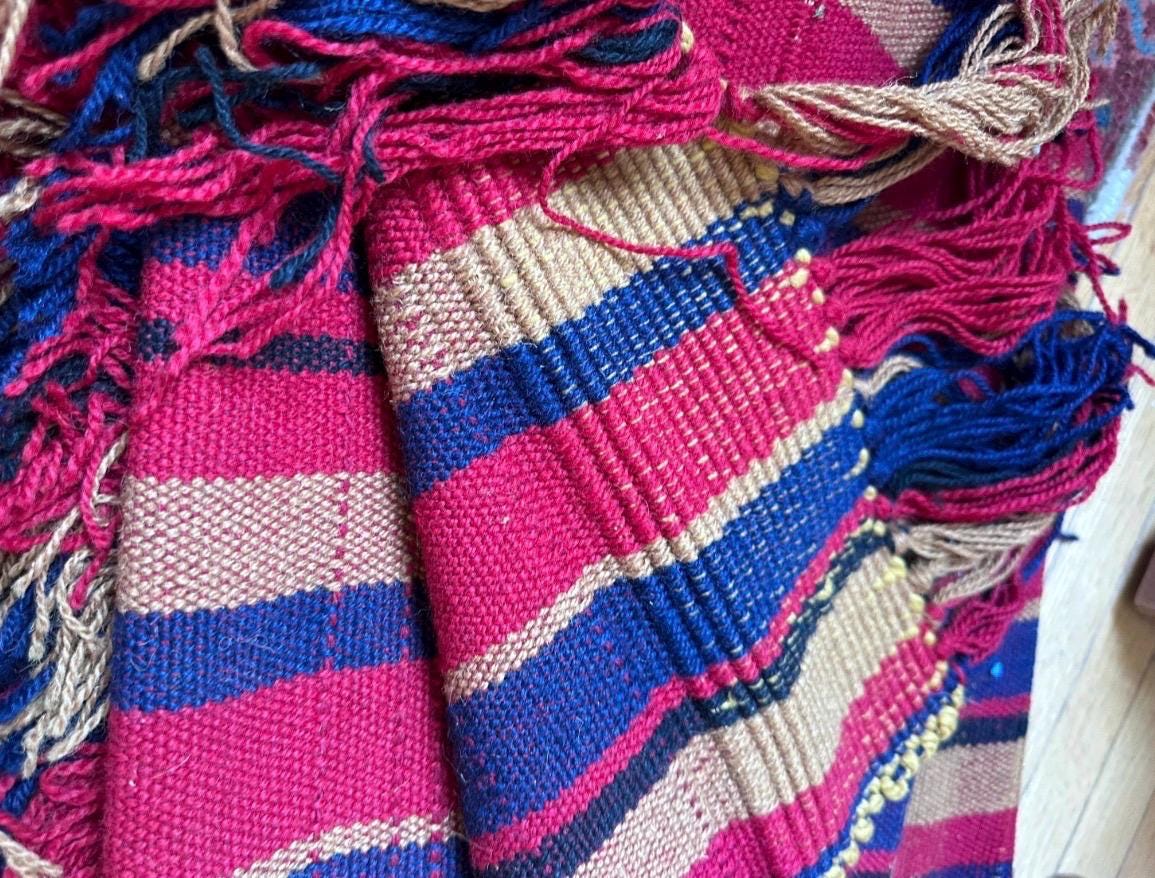 Vintage Handwoven Jajim Style  Rug / Runner / Blanket | Striped Wool Textile | Folk Art Flat Weave | Red, Blue & Gold | 56” x 43”