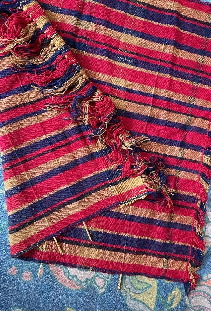 Vintage Handwoven Jajim Style  Rug / Runner / Blanket | Striped Wool Textile | Folk Art Flat Weave | Red, Blue & Gold | 56” x 43”