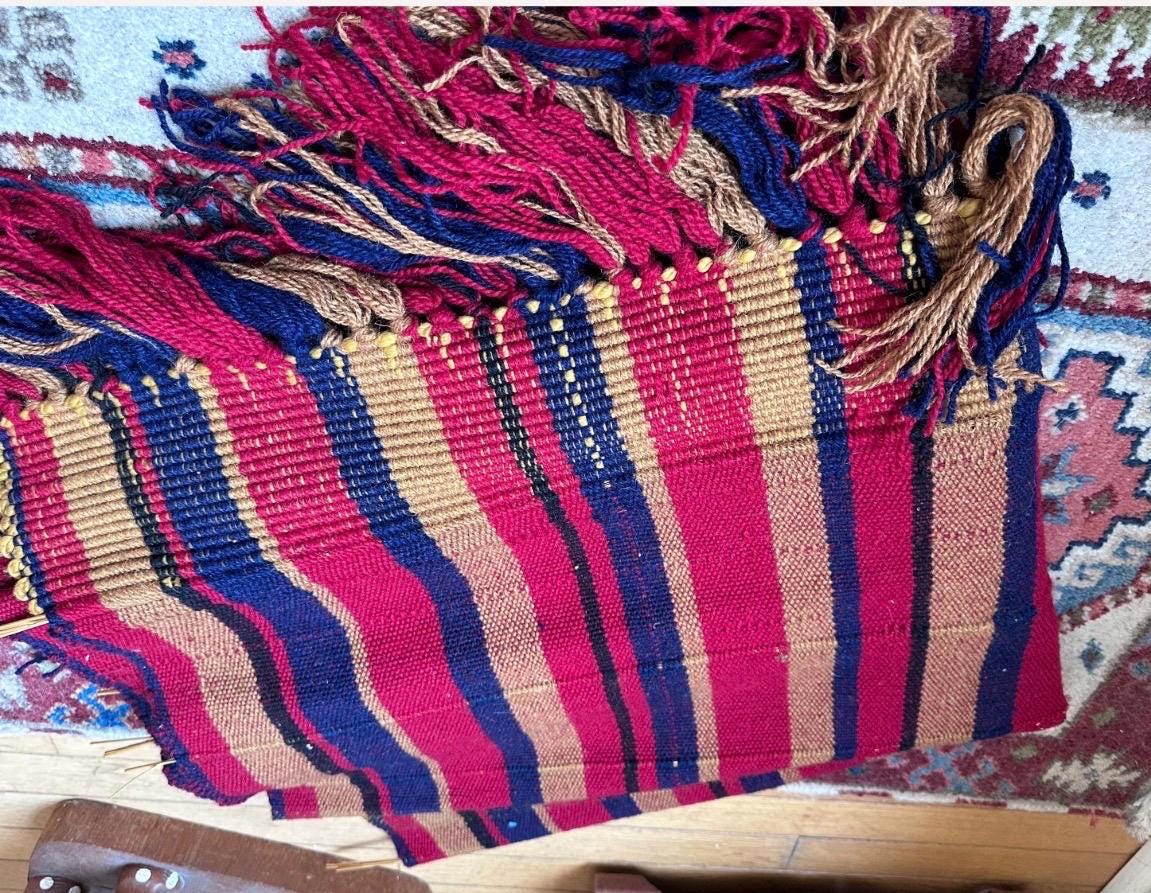 Vintage Handwoven Jajim Style  Rug / Runner / Blanket | Striped Wool Textile | Folk Art Flat Weave | Red, Blue & Gold | 56” x 43”