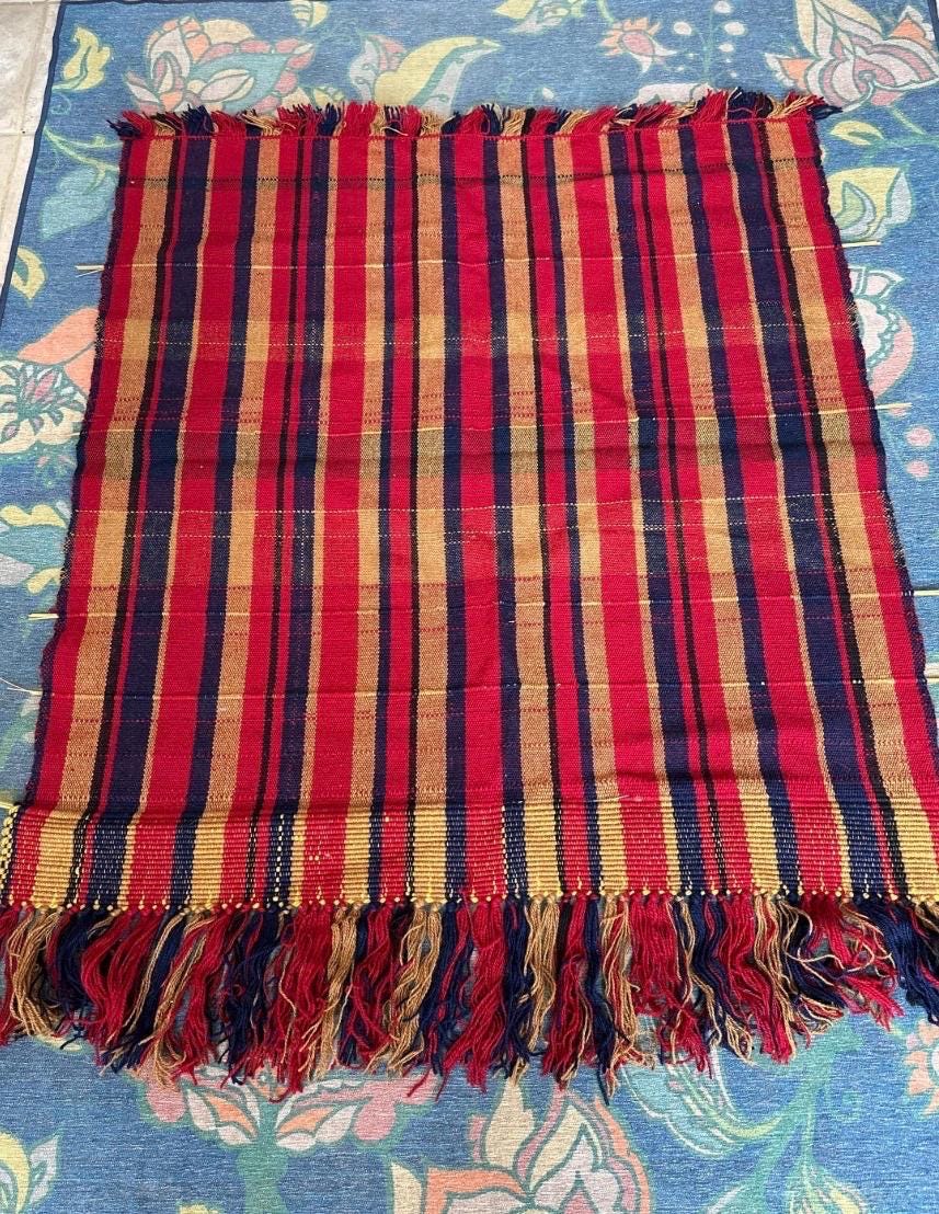 Vintage Handwoven Jajim Style  Rug / Runner / Blanket | Striped Wool Textile | Folk Art Flat Weave | Red, Blue & Gold | 56” x 43”