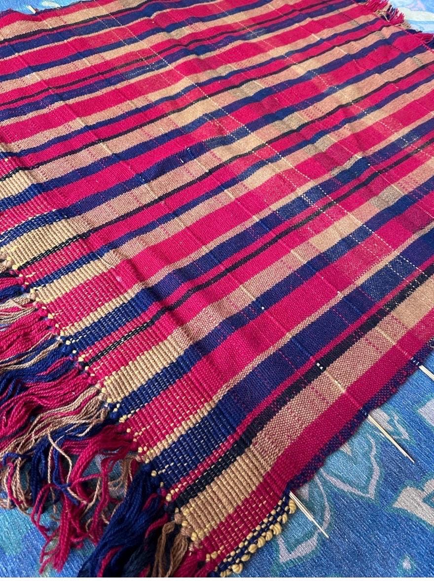 Vintage Handwoven Jajim Style  Rug / Runner / Blanket | Striped Wool Textile | Folk Art Flat Weave | Red, Blue & Gold | 56” x 43”