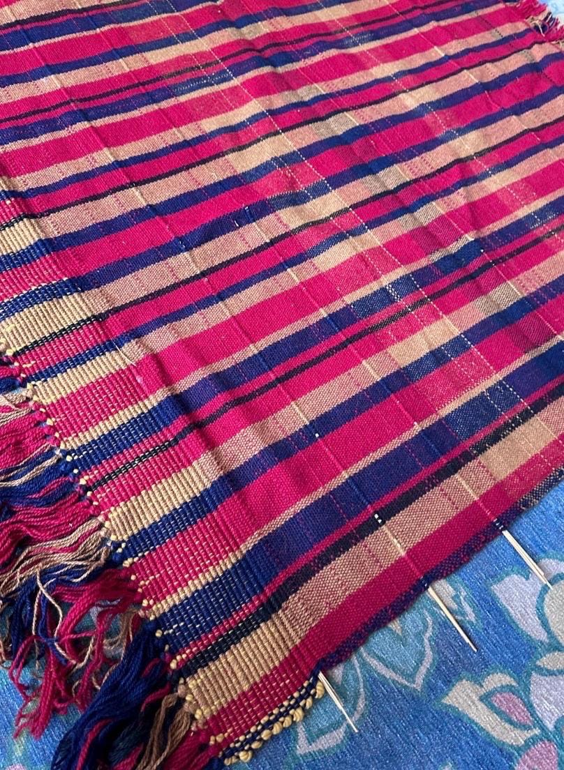 Vintage Handwoven Jajim Style  Rug / Runner / Blanket | Striped Wool Textile | Folk Art Flat Weave | Red, Blue & Gold | 56” x 43”