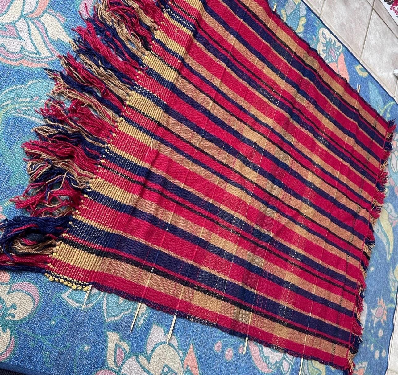 Vintage Handwoven Jajim Style  Rug / Runner / Blanket | Striped Wool Textile | Folk Art Flat Weave | Red, Blue & Gold | 56” x 43”