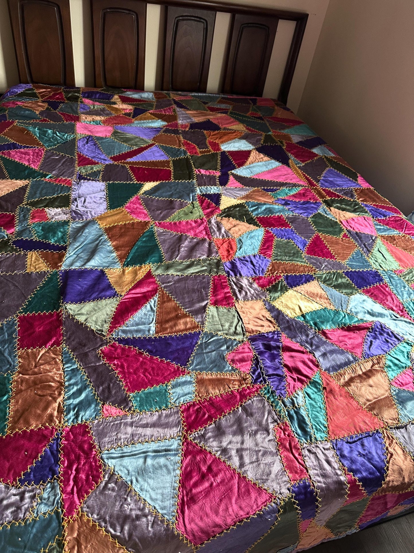 Antique Victorian Satin Crazy Quilt | Handcrafted Patchwork Quilt | Turkey Stitch Embroidery | Vibrant Silk Patches | 80” x 66”