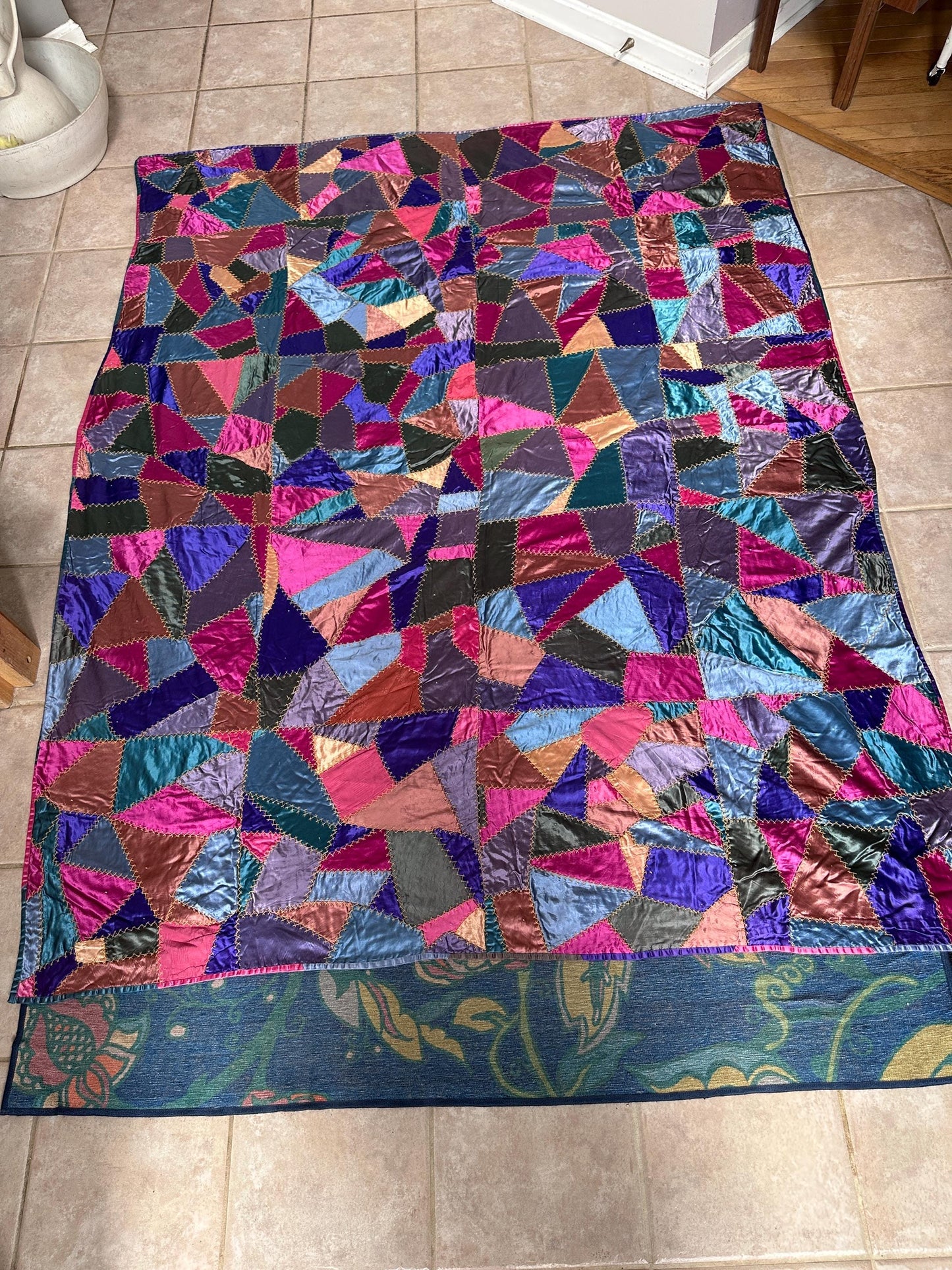 Antique Victorian Satin Crazy Quilt | Handcrafted Patchwork Quilt | Turkey Stitch Embroidery | Vibrant Silk Patches | 80” x 66”
