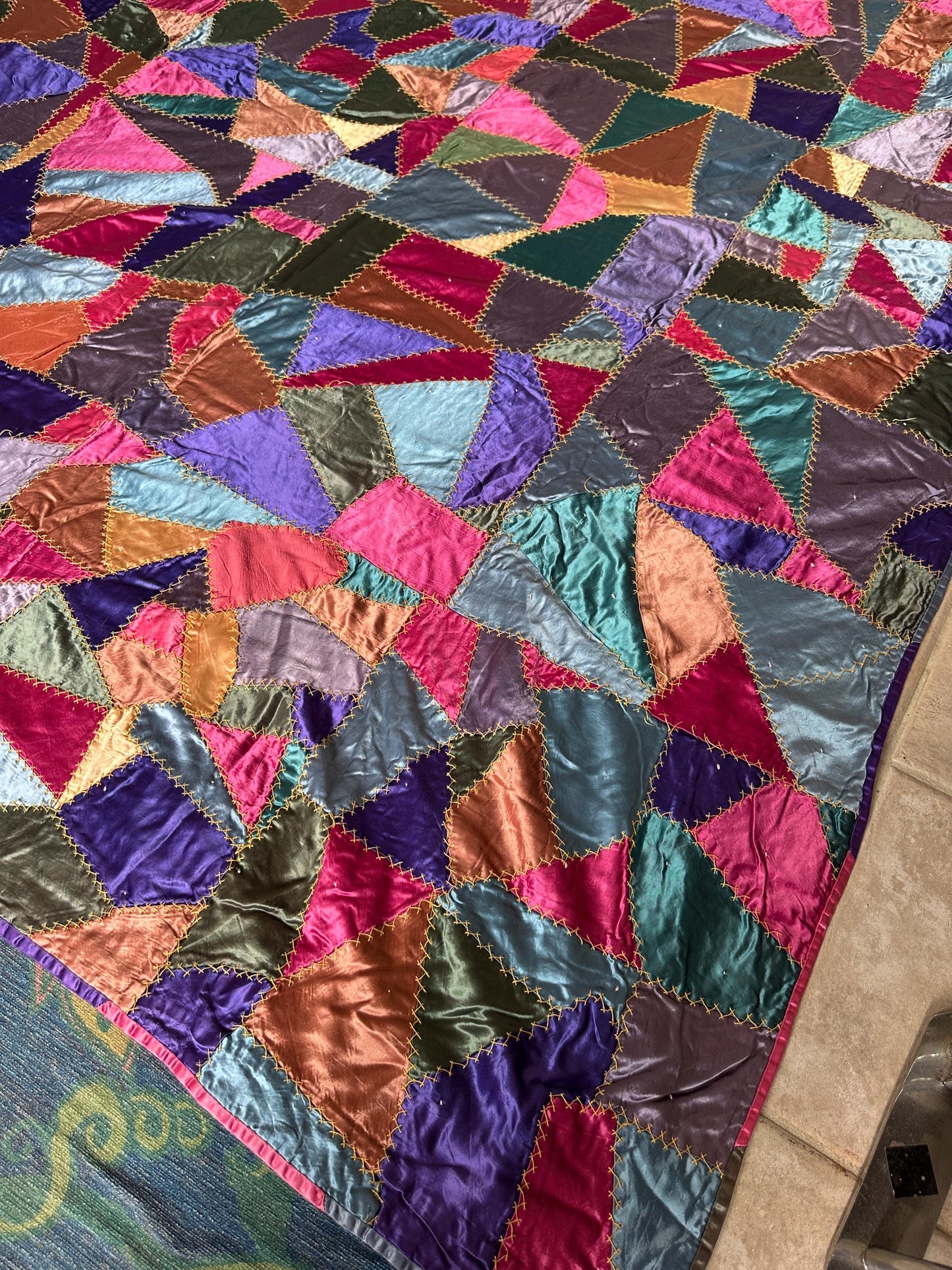 Antique Victorian Satin Crazy Quilt | Handcrafted Patchwork Quilt | Turkey Stitch Embroidery | Vibrant Silk Patches | 80” x 66”