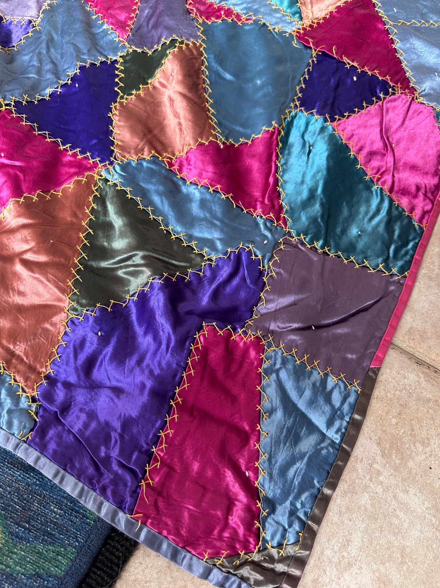 Antique Victorian Satin Crazy Quilt | Handcrafted Patchwork Quilt | Turkey Stitch Embroidery | Vibrant Silk Patches | 80” x 66”