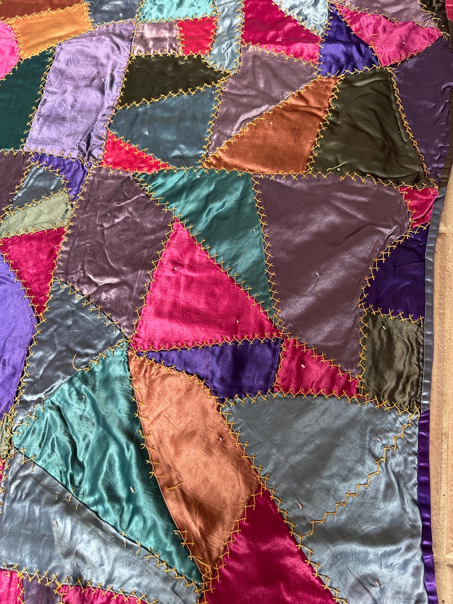 Antique Victorian Satin Crazy Quilt | Handcrafted Patchwork Quilt | Turkey Stitch Embroidery | Vibrant Silk Patches | 80” x 66”