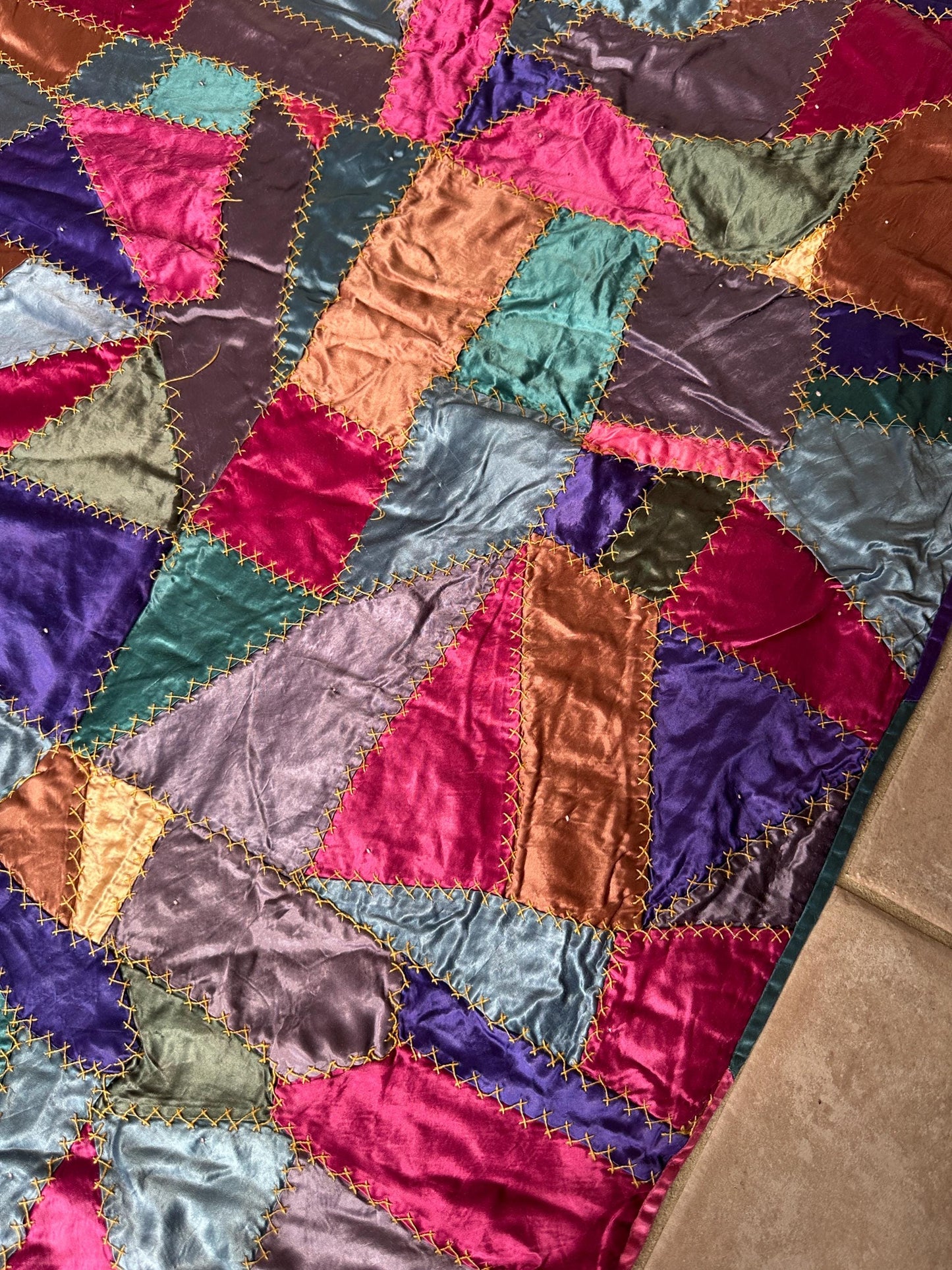 Antique Victorian Satin Crazy Quilt | Handcrafted Patchwork Quilt | Turkey Stitch Embroidery | Vibrant Silk Patches | 80” x 66”