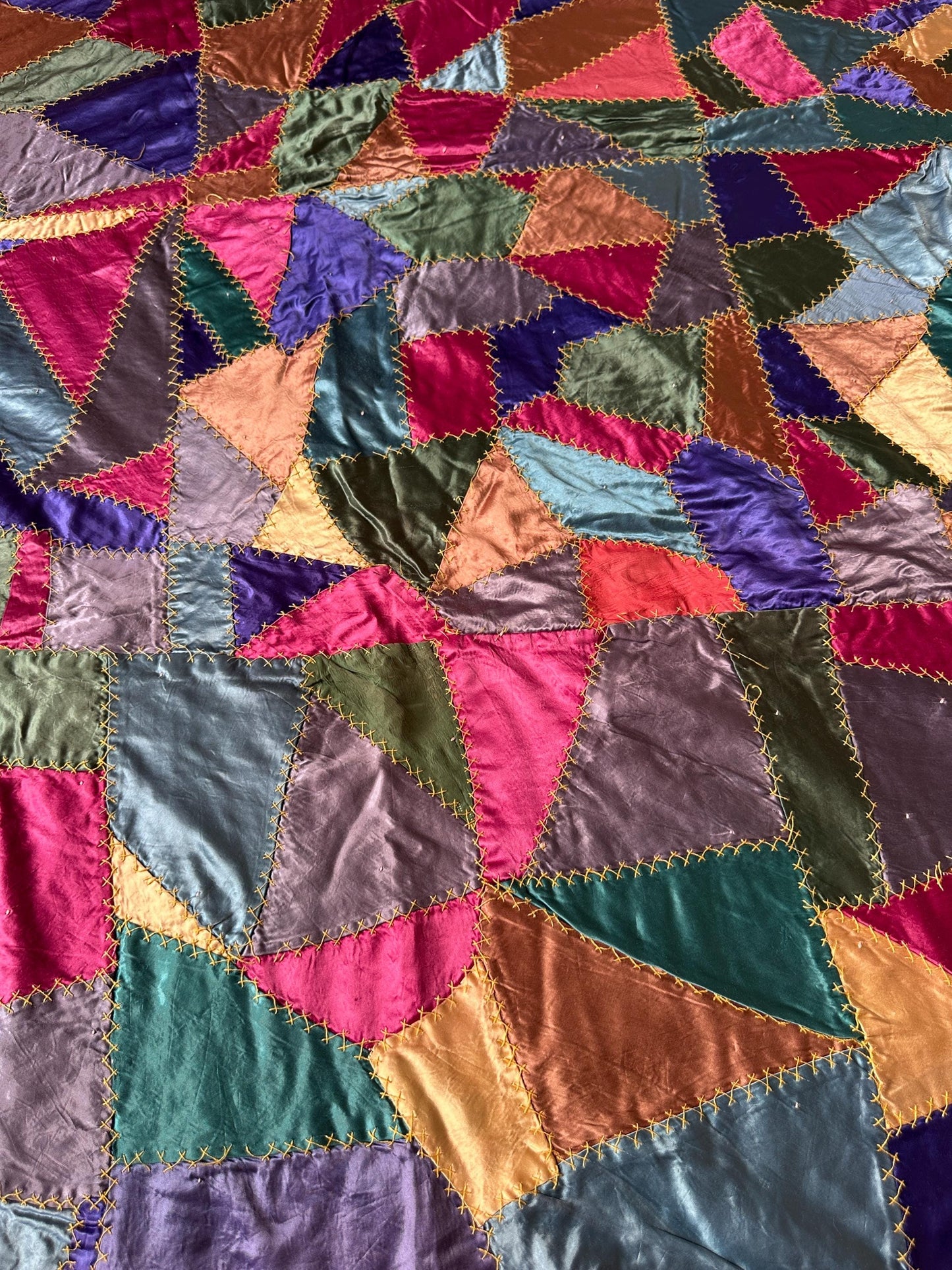 Antique Victorian Satin Crazy Quilt | Handcrafted Patchwork Quilt | Turkey Stitch Embroidery | Vibrant Silk Patches | 80” x 66”