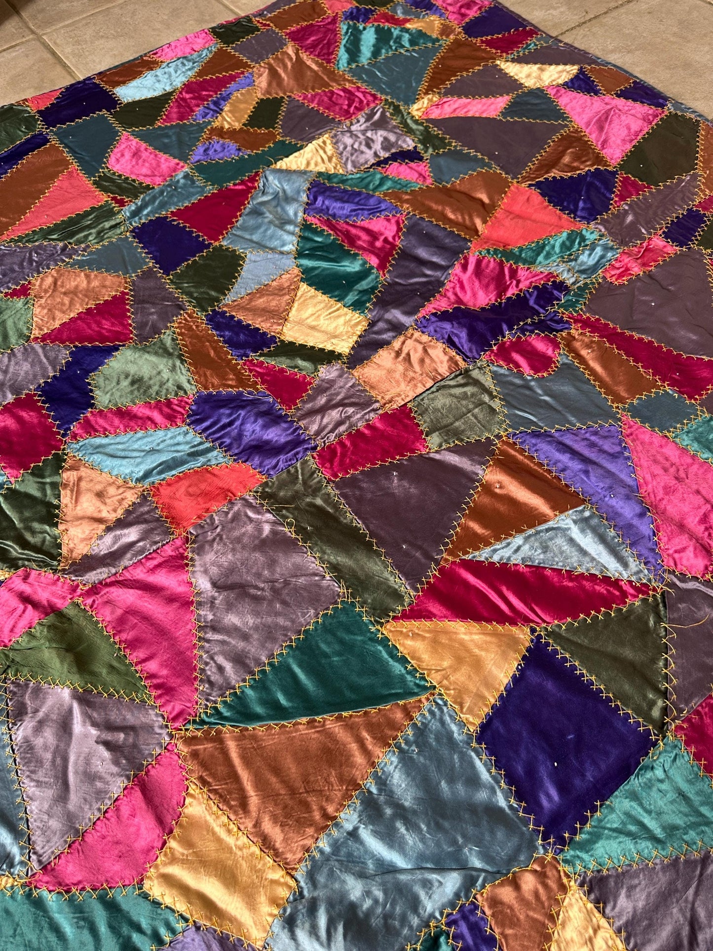 Antique Victorian Satin Crazy Quilt | Handcrafted Patchwork Quilt | Turkey Stitch Embroidery | Vibrant Silk Patches | 80” x 66”