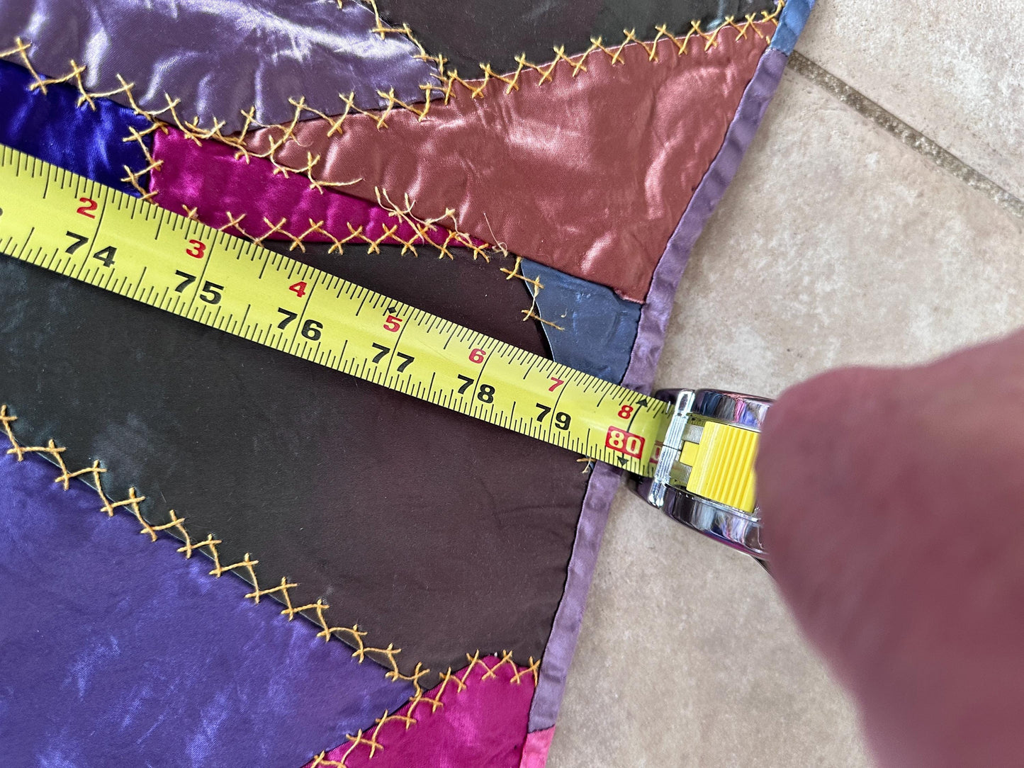 Antique Victorian Satin Crazy Quilt | Handcrafted Patchwork Quilt | Turkey Stitch Embroidery | Vibrant Silk Patches | 80” x 66”