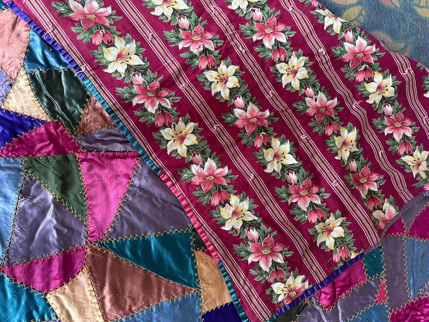 Antique Victorian Satin Crazy Quilt | Handcrafted Patchwork Quilt | Turkey Stitch Embroidery | Vibrant Silk Patches | 80” x 66”