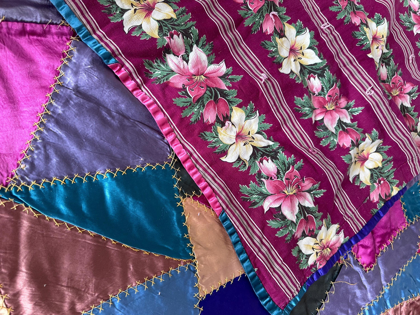 Antique Victorian Satin Crazy Quilt | Handcrafted Patchwork Quilt | Turkey Stitch Embroidery | Vibrant Silk Patches | 80” x 66”