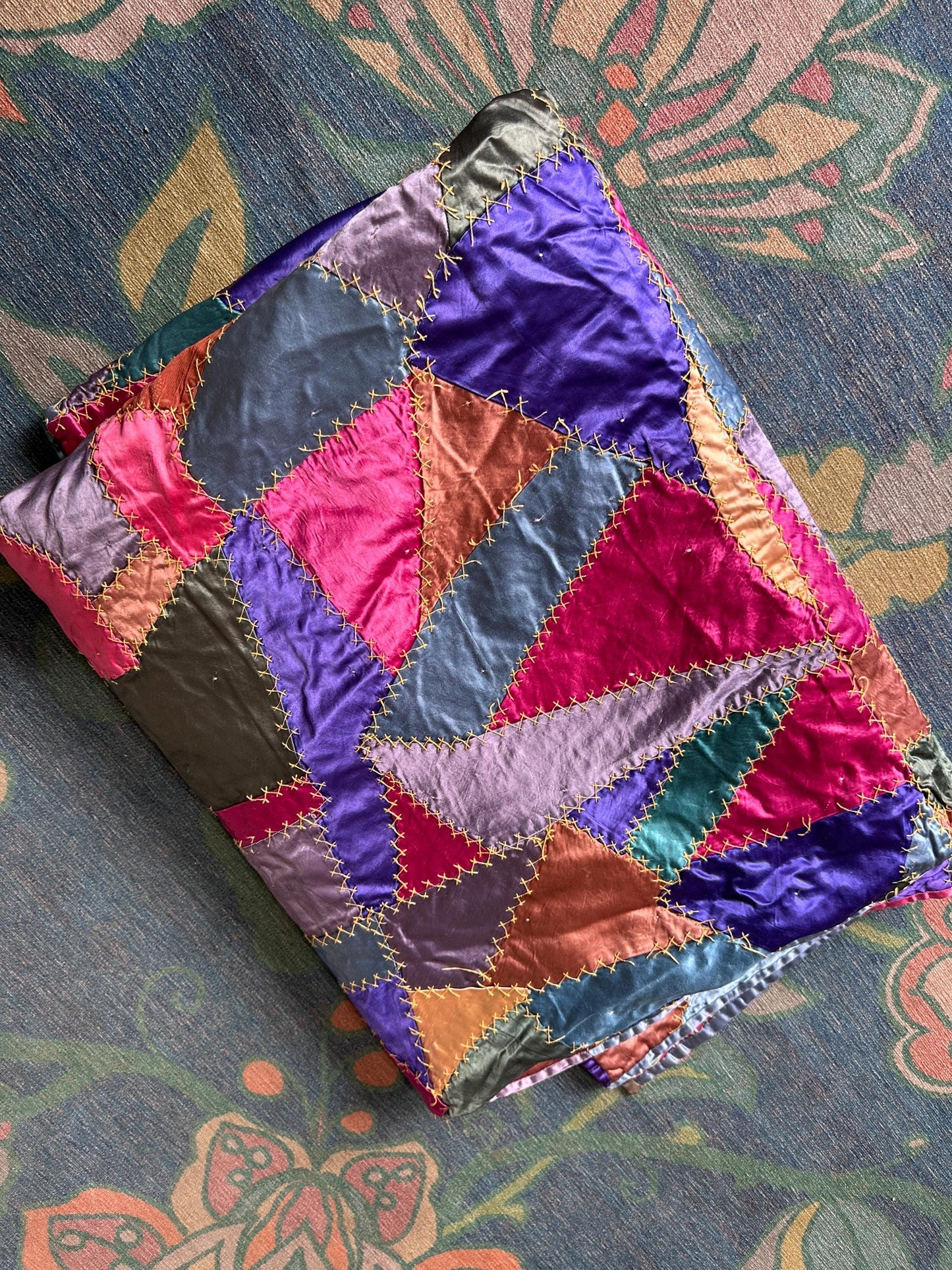 Antique Victorian Satin Crazy Quilt | Handcrafted Patchwork Quilt | Turkey Stitch Embroidery | Vibrant Silk Patches | 80” x 66”
